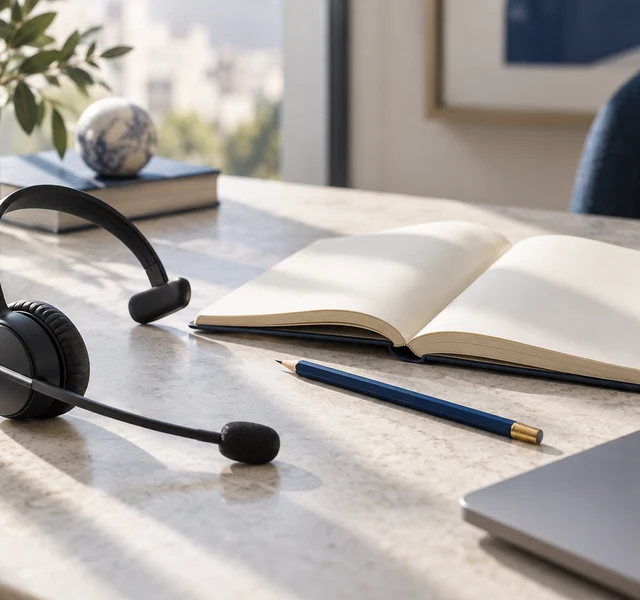 Symbolbild: Headset und Notizbuch zur Gesprächsvorbereitung