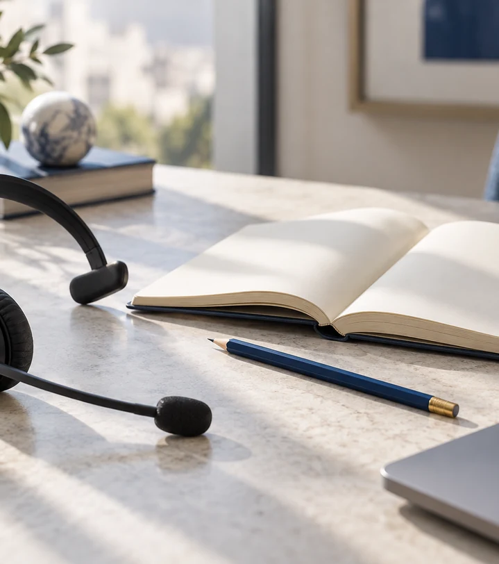 Symbolbild: Headset und Notizbuch zur Gesprächsvorbereitung