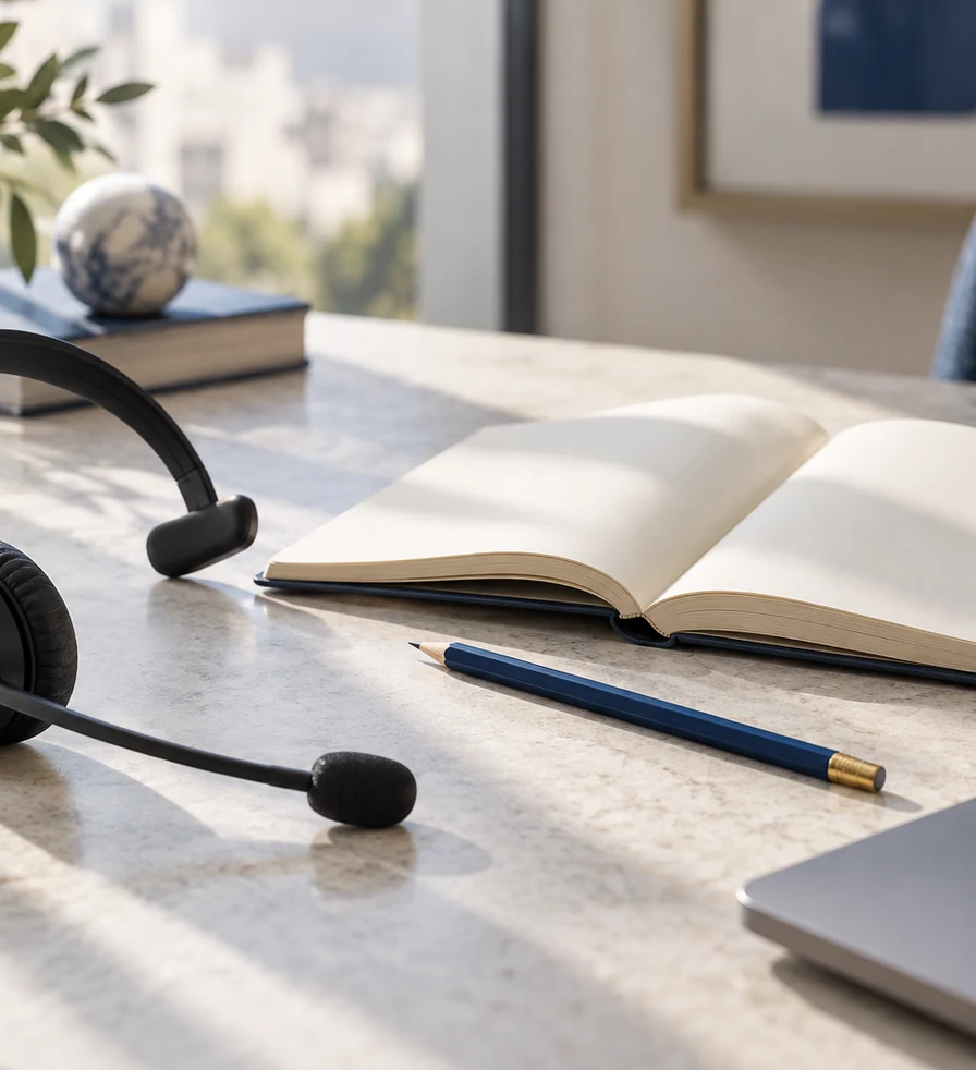 Symbolbild: Headset und Notizbuch zur Gesprächsvorbereitung