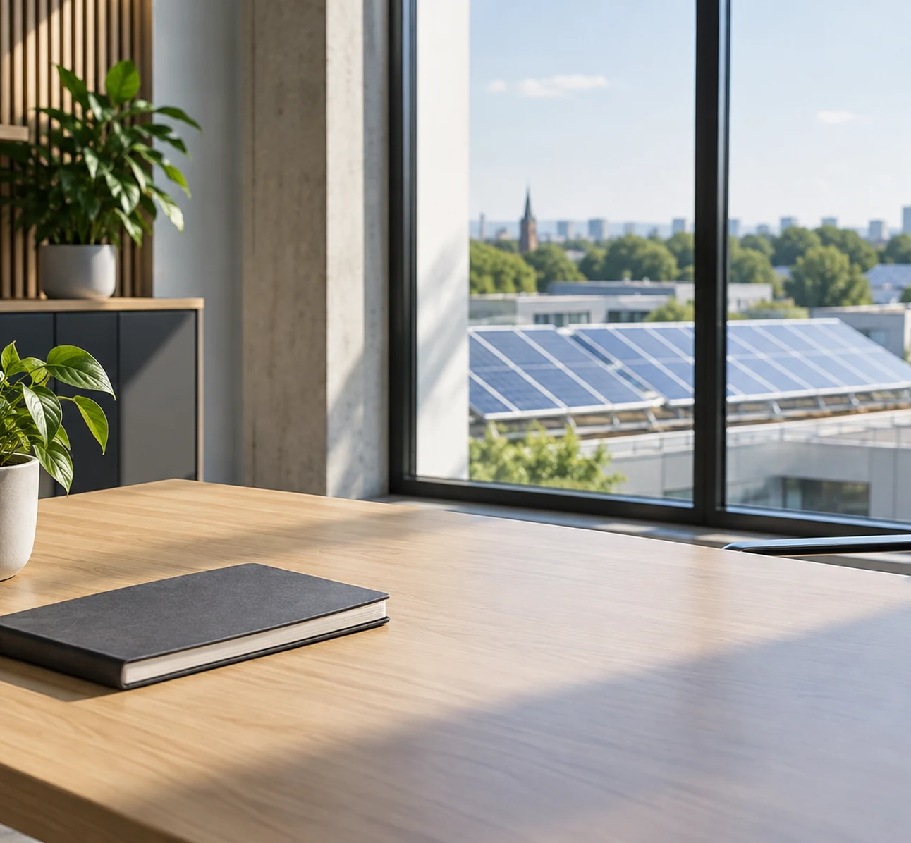 Symbolbild: Büro mit Blick auf eine Solaranlage