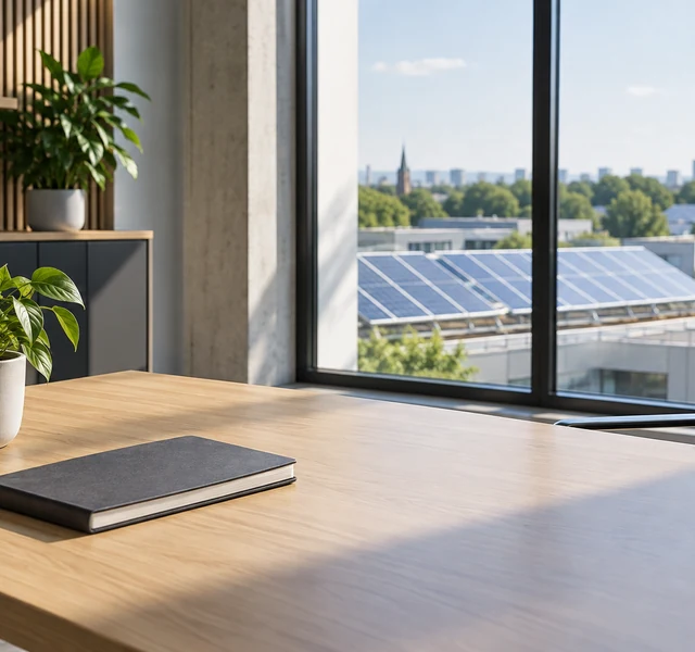 Symbolbild: Büro mit Blick auf eine Solaranlage