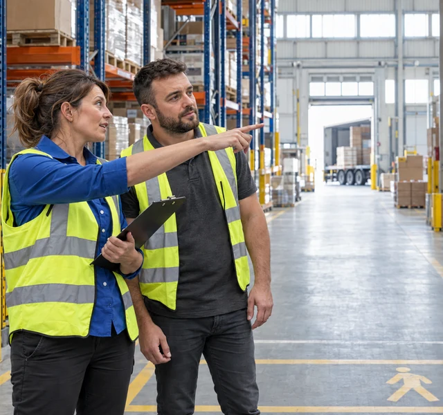 Symbolbild: Geschäftsgespräch in einem Logistikzentrum